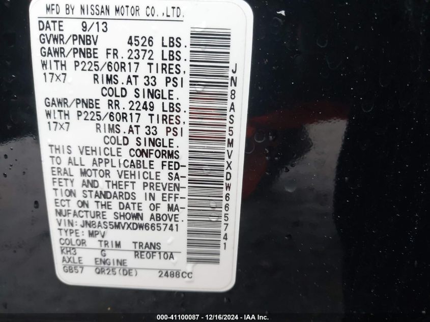 VIN JN8AS5MVXDW665741 2013 Nissan Rogue, SV no.9