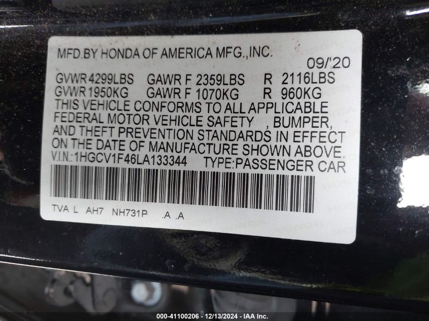 VIN 1HGCV1F46LA133344 2020 Honda Accord, EX no.9