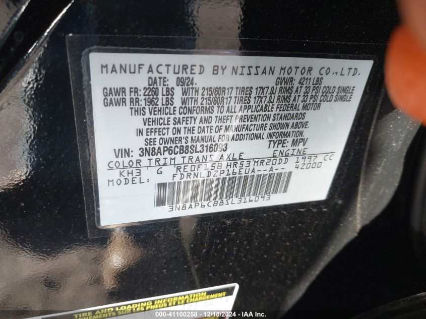 VIN 3N8AP6CB8SL316093 2025 Nissan Kicks, SV no.9