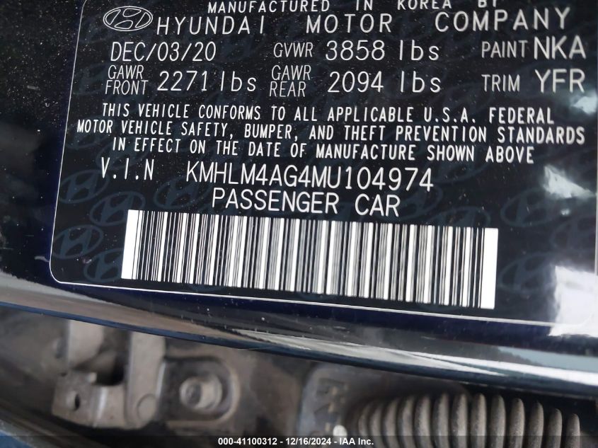 VIN KMHLM4AG4MU104974 2021 Hyundai Elantra, Sel no.9