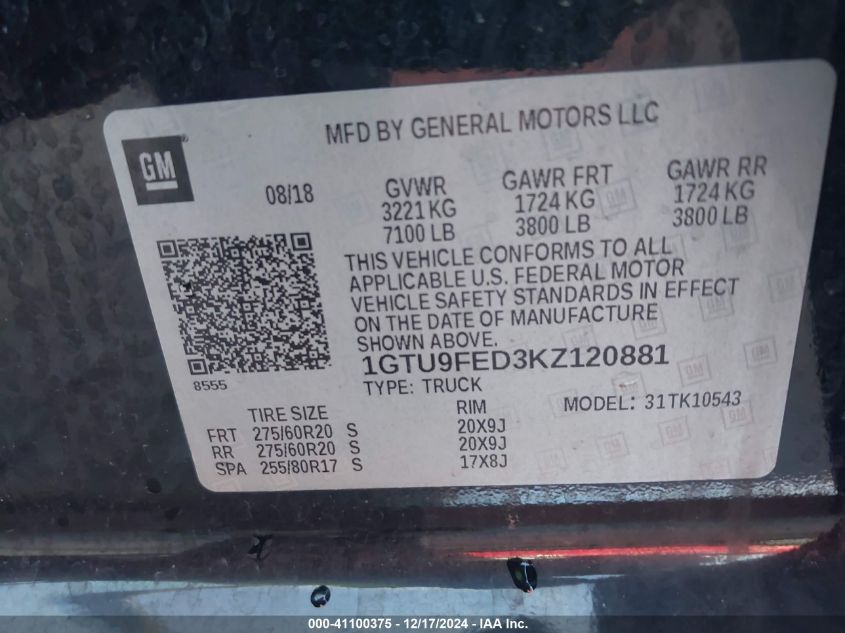 VIN 1GTU9FED3KZ120881 2019 GMC Sierra, 1500 Denali no.9