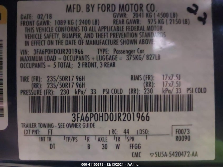 2018 FORD FUSION VIN: 3FA6P0HD0JR201966