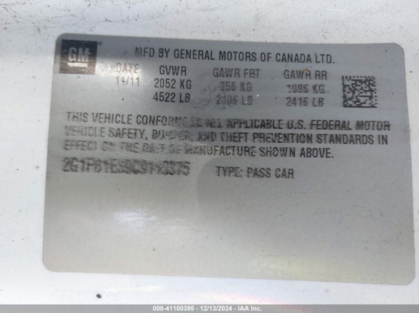 2012 CHEVROLET CAMARO VIN: 2G1FB1E39C9149376