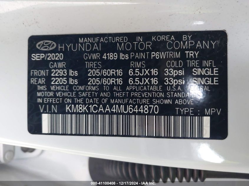 2021 Hyundai Kona Se VIN: KM8K1CAA4MU644870 Lot: 41100408