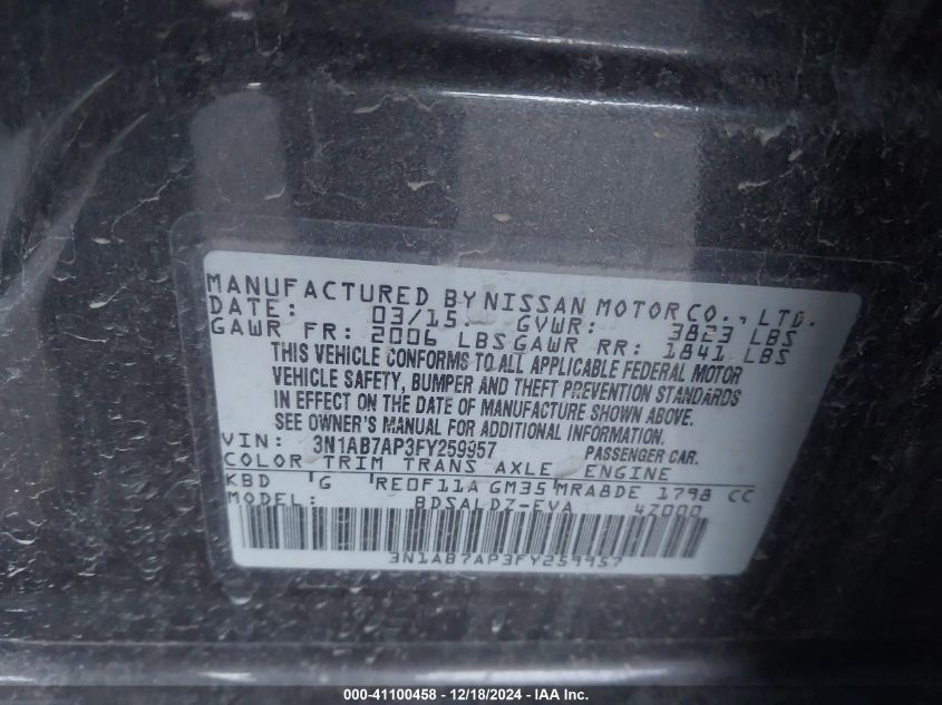 VIN 3N1AB7AP3FY259957 2015 Nissan Sentra, Fe+ S/S/S... no.9