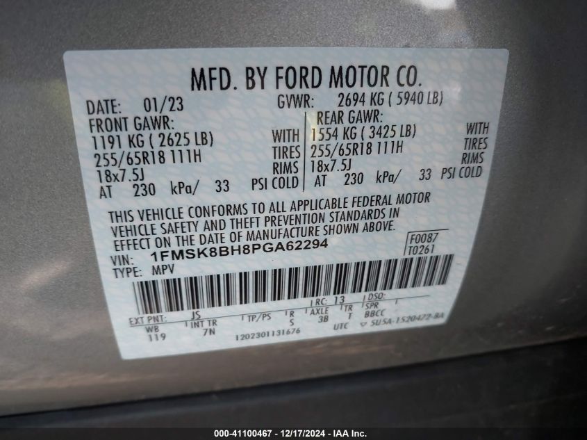 2023 Ford Explorer VIN: 1FMSK8BH8PGA62294 Lot: 41100467