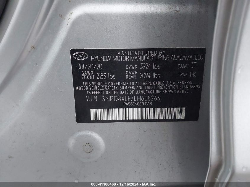 VIN 5NPD84LF7LH608266 2020 Hyundai Elantra, Value E... no.9