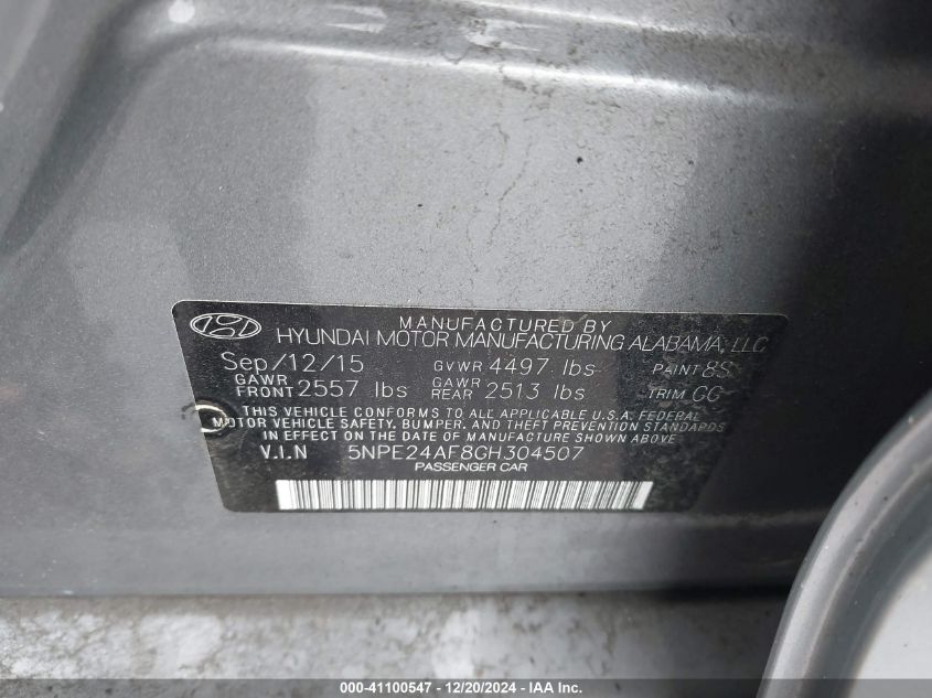 VIN 5NPE24AF8GH304507 2016 Hyundai Sonata, SE no.9