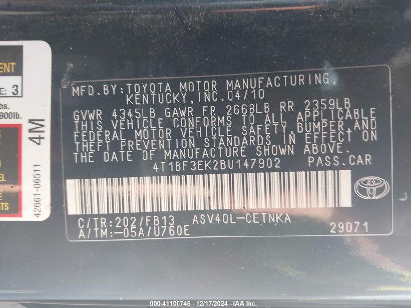 2011 TOYOTA CAMRY VIN: 4T1BF3EK2BU147902