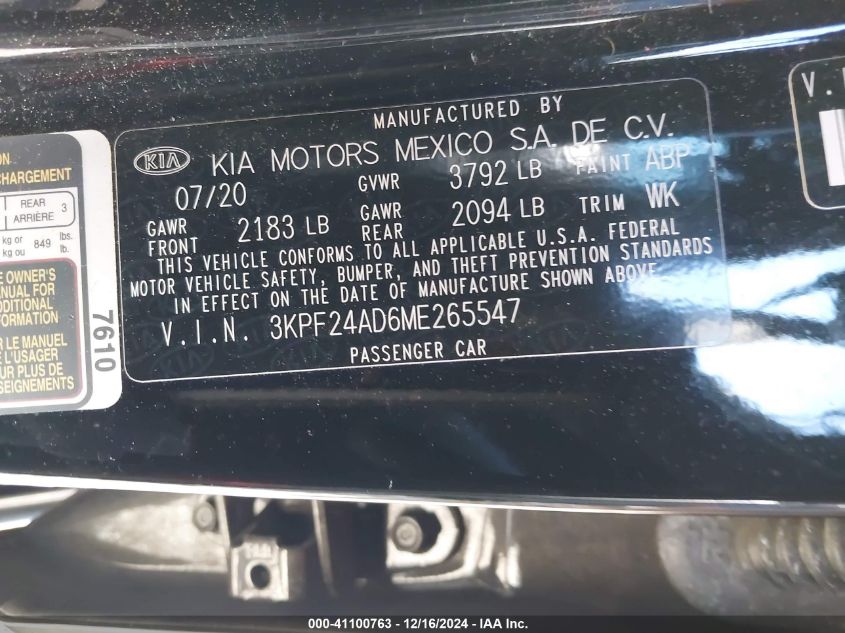 VIN 3KPF24AD6ME265547 2021 KIA Forte, Lxs no.9