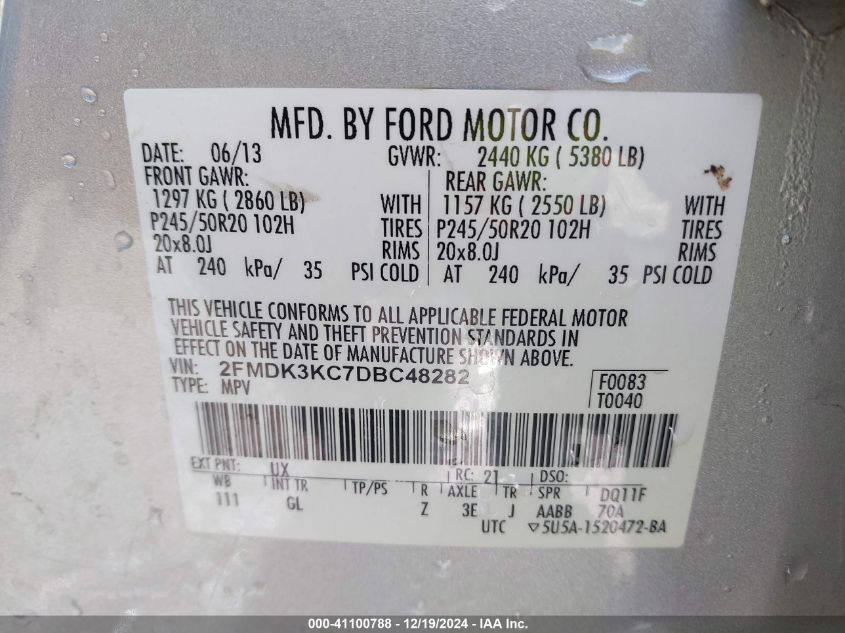 VIN 2FMDK3KC7DBC48282 2013 Ford Edge, Limited no.9