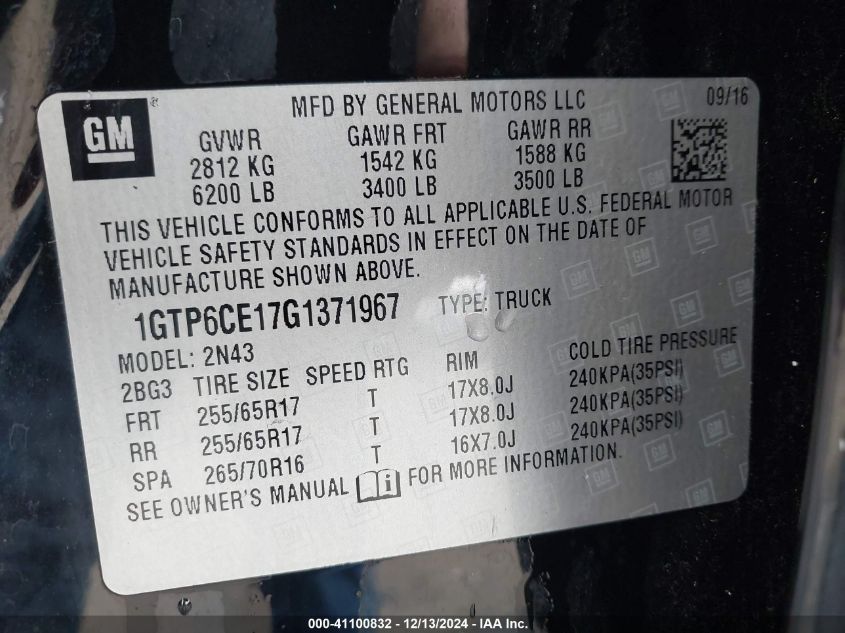 VIN 1GTP6CE17G1371967 2016 GMC Canyon, Sle no.9