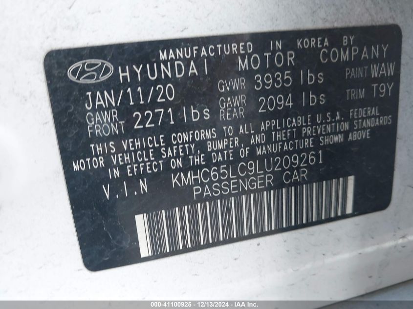 2020 Hyundai Ioniq Hybrid Blue VIN: KMHC65LC9LU209261 Lot: 41100925