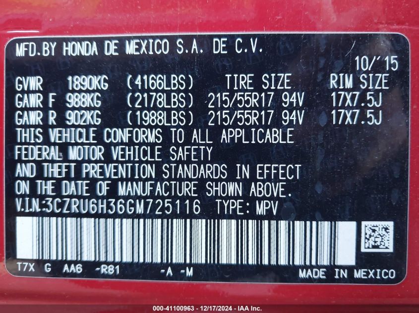 VIN 3CZRU6H36GM725116 2016 Honda HR-V, LX no.9