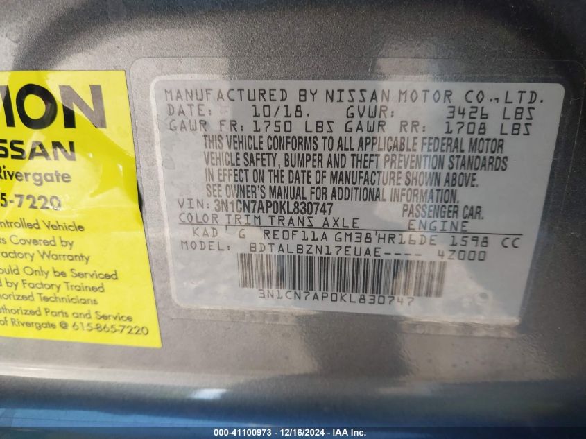 VIN 3N1CN7AP0KL830747 2019 Nissan Versa, 1.6 SV no.9