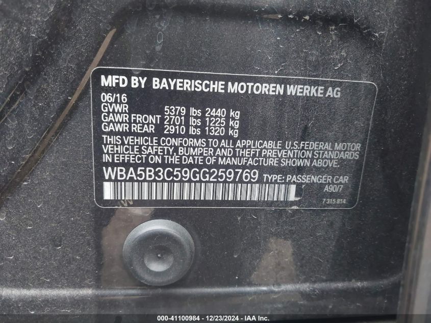 VIN WBA5B3C59GG259769 2016 BMW 5 Series, 535I Xdrive no.9