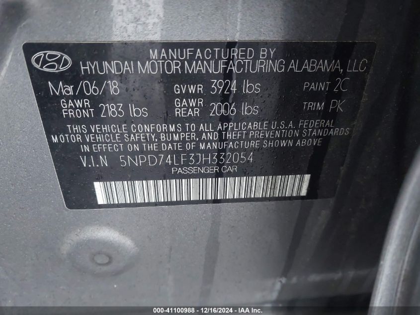 VIN 5NPD74LF3JH332054 2018 Hyundai Elantra, SE no.9