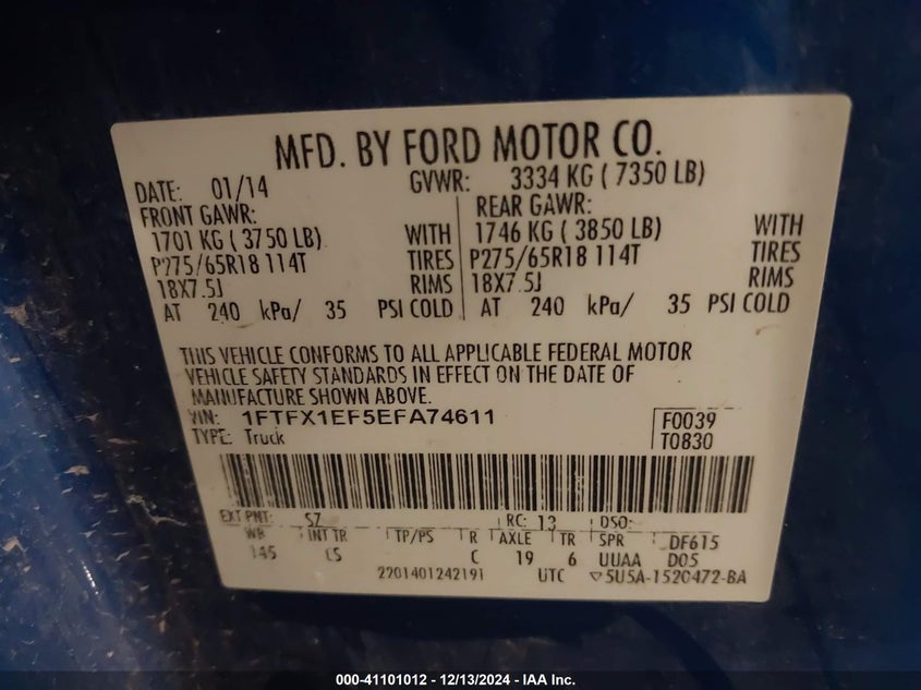 2014 FORD F-150 VIN: 1FTFX1EF5EFA74611