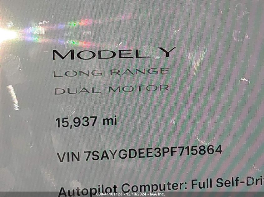 2023 Tesla Model Y Awd/Long Range Dual Motor All-Wheel Drive VIN: 7SAYGDEE3PF715864 Lot: 41101123