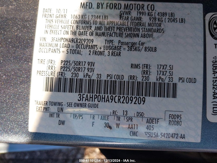 2012 FORD FUSION VIN: 3FAHP0HA9CR209209