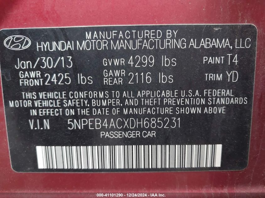 VIN 5NPEB4ACXDH685231 2013 Hyundai Sonata, Gls no.9