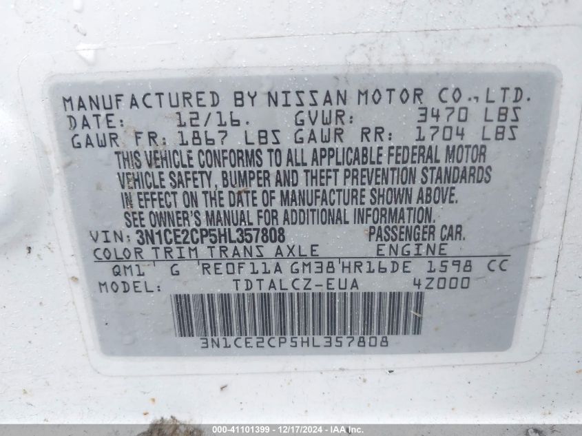 2017 Nissan Versa Note S/S Plus/Sv/Sl/Sr VIN: 3N1CE2CP5HL357808 Lot: 41101399