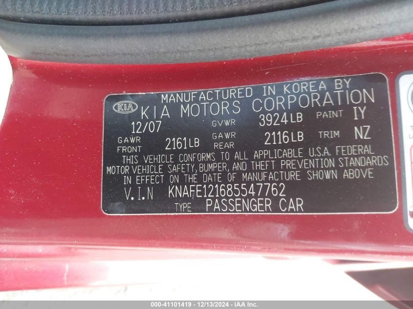 2008 Kia Spectra Ex VIN: KNAFE121685547762 Lot: 41101419