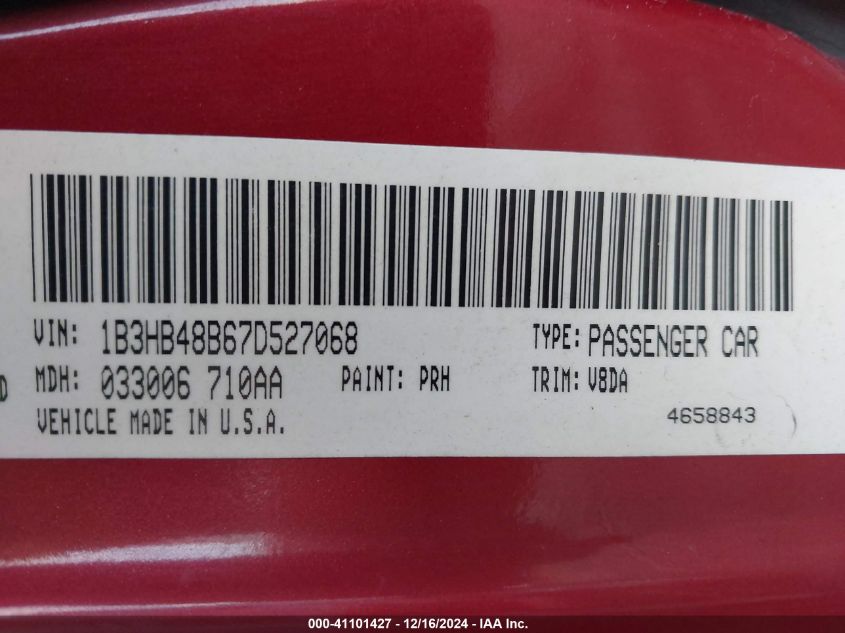 2007 Dodge Caliber VIN: 1B3HB4BB67D527068 Lot: 41101427