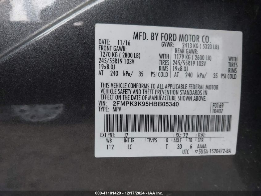 VIN 2FMPK3K95HBB05340 2017 FORD EDGE no.9