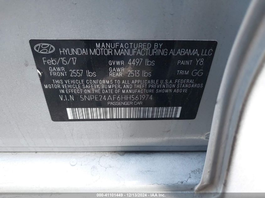 VIN 5NPE24AF6HH561974 2017 Hyundai Sonata no.9