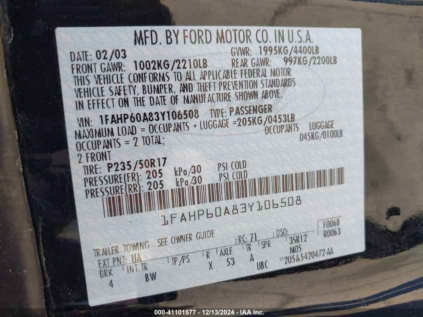 2003 Ford Thunderbird VIN: 1FAHP60A83Y106508 Lot: 41101577