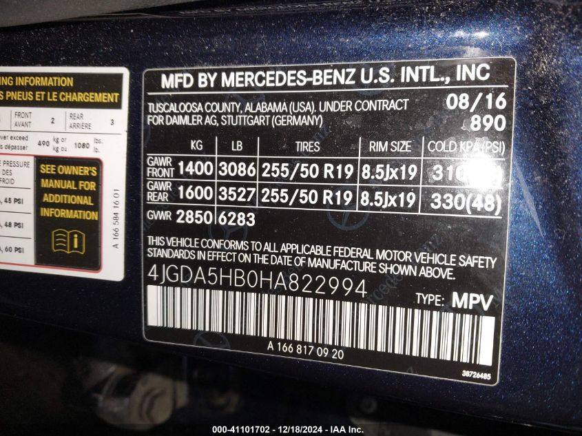 VIN 4JGDA5HB0HA822994 2017 Mercedes-Benz GLE 350, 4... no.9