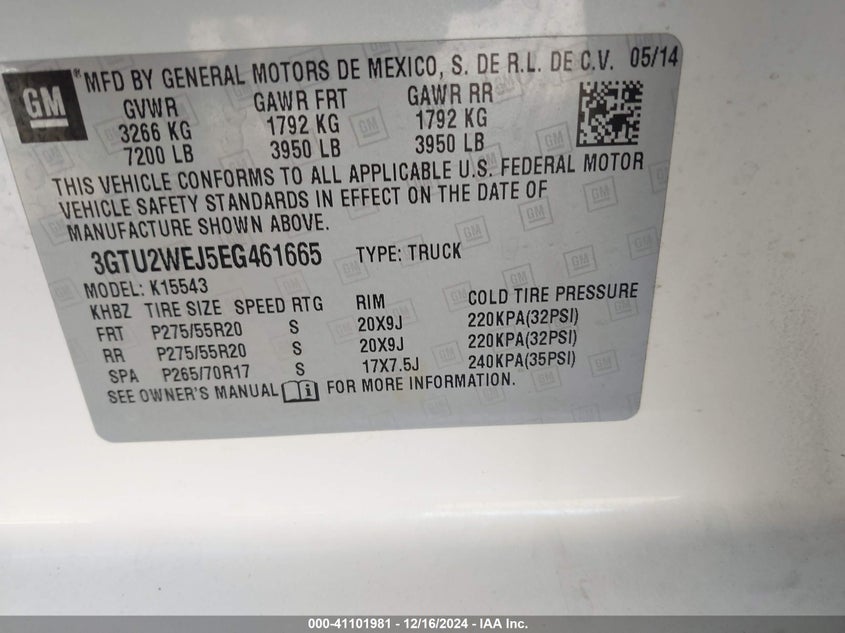 2014 GMC SIERRA VIN: 3GTU2WEJ5EG461665
