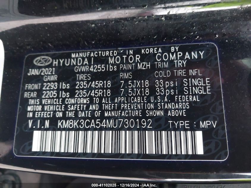 2021 Hyundai Kona Limited VIN: KM8K3CA54MU730192 Lot: 41102025