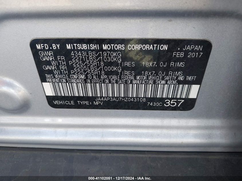 VIN JA4AP3AU7HZ043108 2017 Mitsubishi Outlander, Sp... no.9