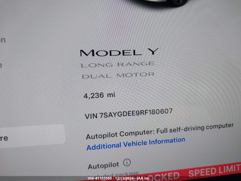 2024 Tesla Model Y Long Range Dual Motor All-Wheel Drive VIN: 7SAYGDEE9RF180607 Lot: 41102089