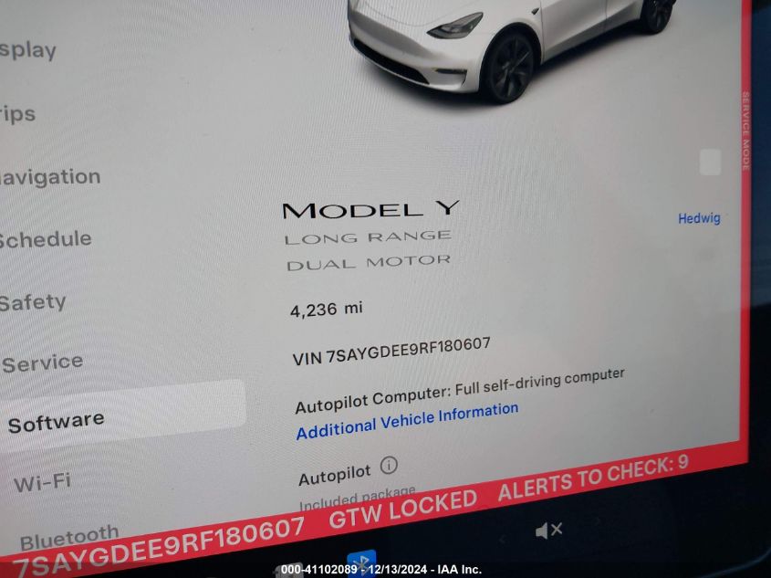 2024 Tesla Model Y Long Range Dual Motor All-Wheel Drive VIN: 7SAYGDEE9RF180607 Lot: 41102089