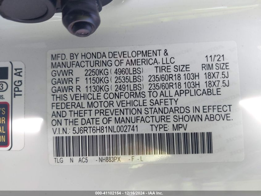 VIN 5J6RT6H81NL002741 2022 Honda CR-V, Hybrid Ex-L no.9