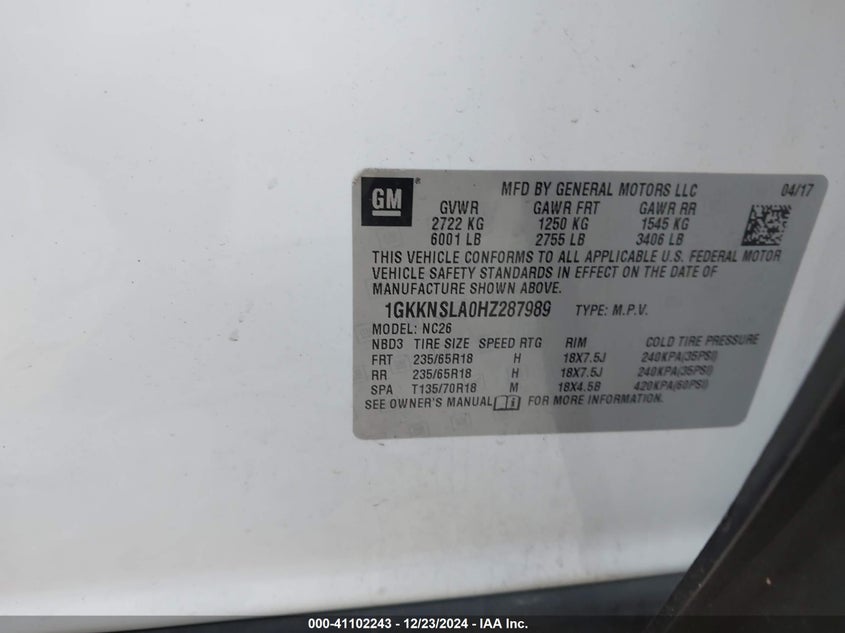 2017 GMC ACADIA VIN: 1GKKNSLA0HZ287989