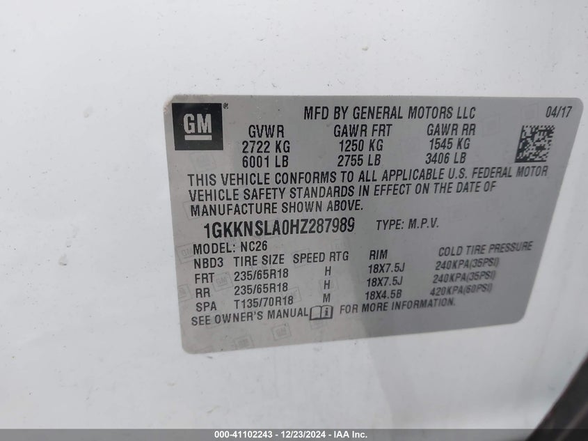 2017 GMC ACADIA VIN: 1GKKNSLA0HZ287989