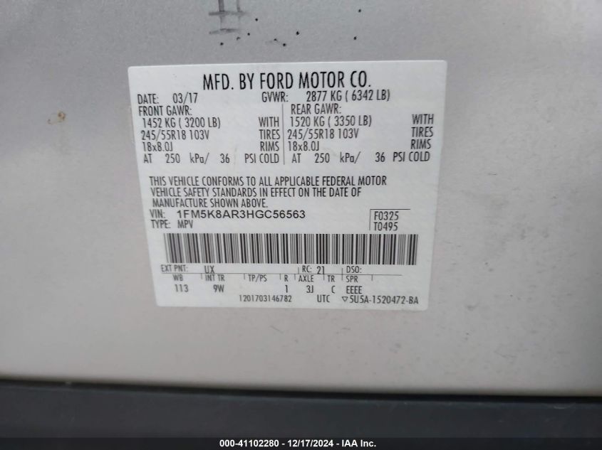 VIN 1FM5K8AR3HGC56563 2017 Ford Utility Police Inte... no.9