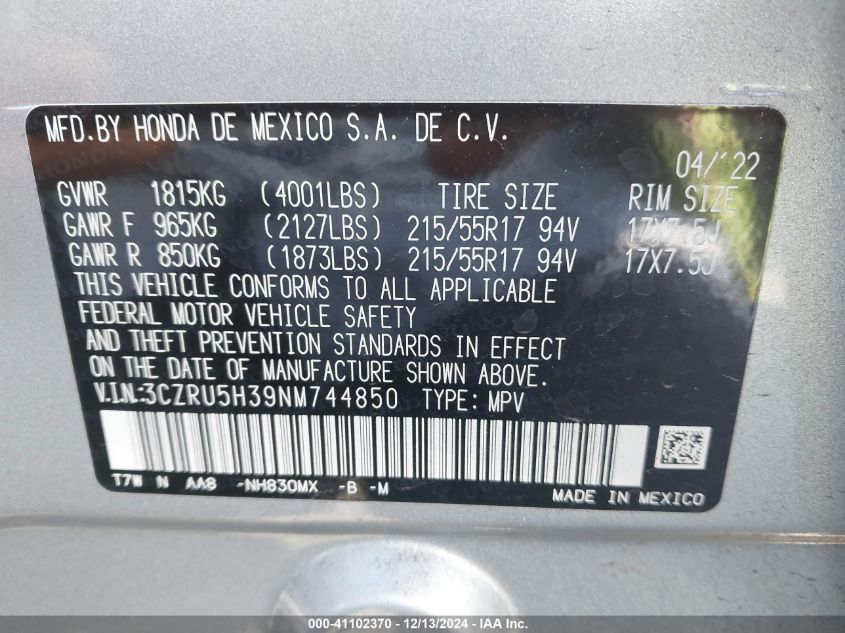 VIN 3CZRU5H39NM744850 2022 Honda HR-V, 2Wd Lx no.9