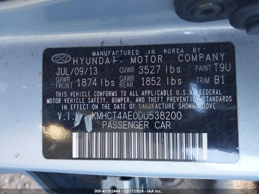 VIN KMHCT4AE0DU538200 2013 Hyundai Accent, Gls no.9