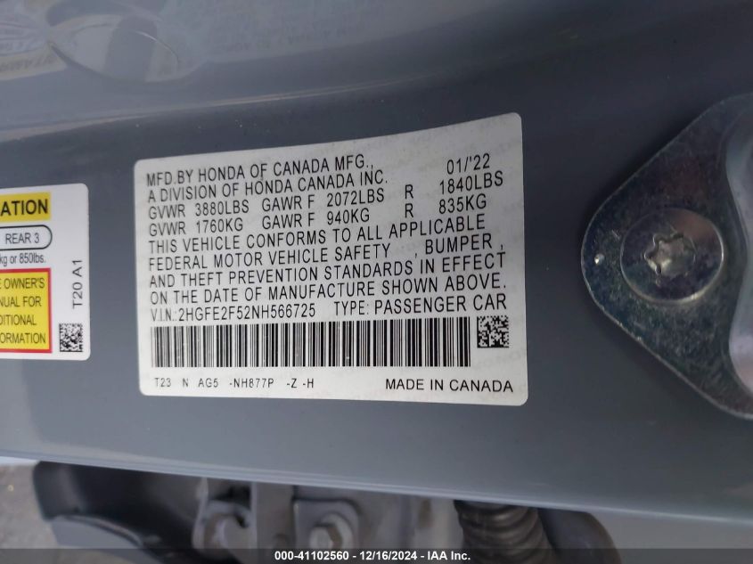 VIN 2HGFE2F52NH566725 2022 Honda Civic, Sport no.9