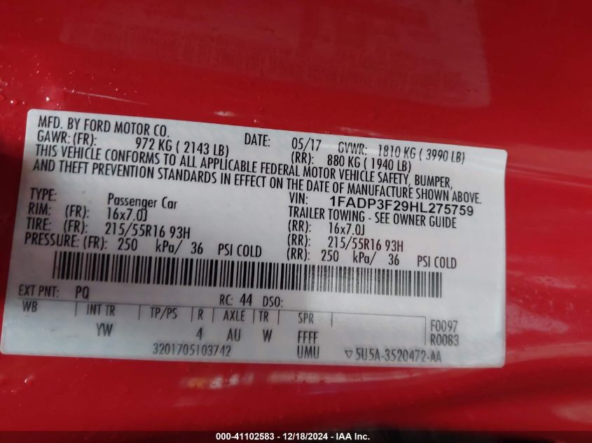 VIN 1FADP3F29HL275759 2017 Ford Focus, SE no.9