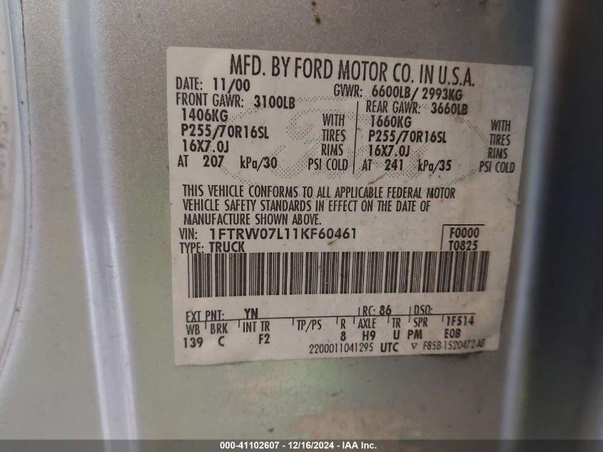 2001 Ford F150 Harley-Davidson Edition/King Ranch Edition/Lariat/Xlt VIN: 1FTRW07L11KS60461 Lot: 41102607