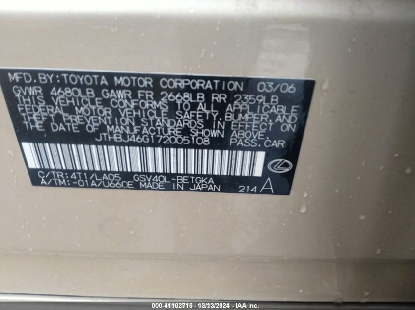 2007 Lexus Es 350 VIN: JTHBJ46G172005108 Lot: 41102715