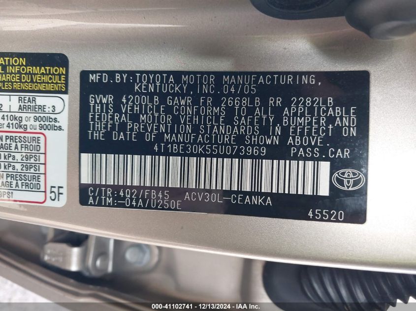 2005 Toyota Camry Le VIN: 4T1BE30K55UO73969 Lot: 41102741