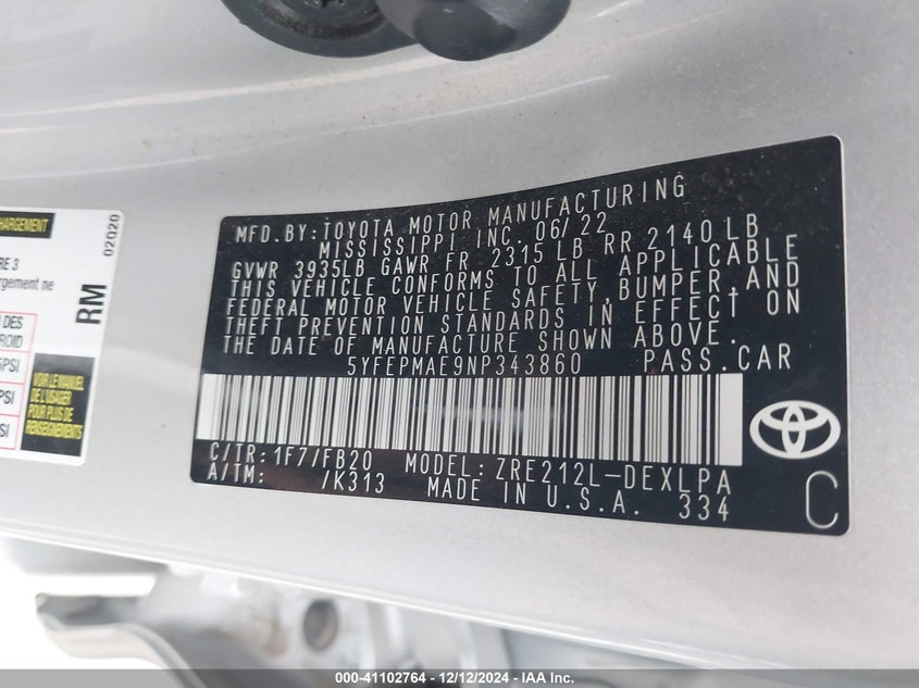 VIN 5YFEPMAE9NP343860 2022 TOYOTA COROLLA LE