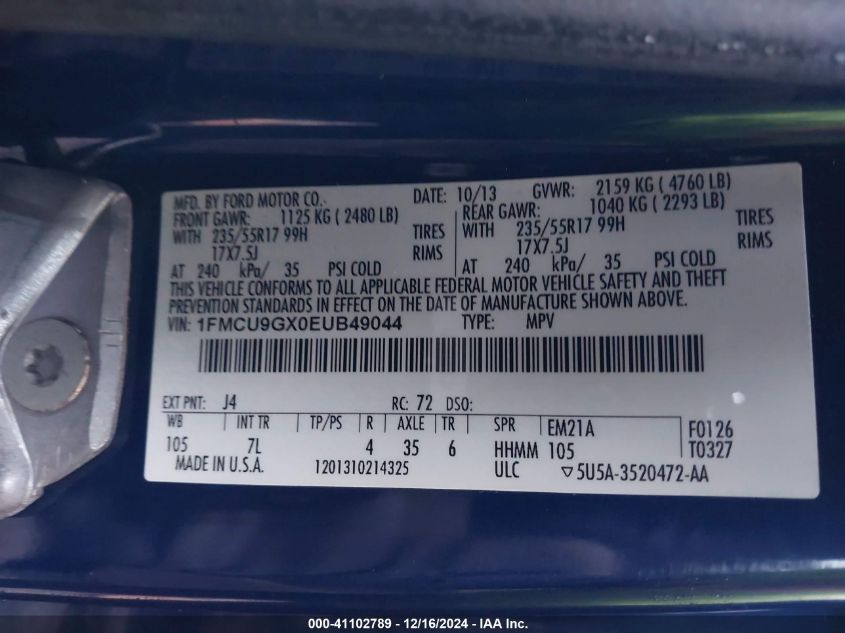 VIN 1FMCU9GX0EUB49044 2014 FORD ESCAPE no.9